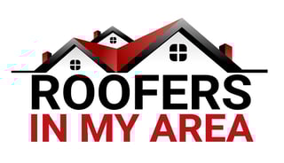 Logo for Roofers In My Area service featuring stylized houses with red roofs and black trim above text