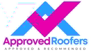 Approved Roofers logo with blue and magenta geometric shapes and text reading Approved and Recommended