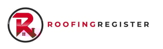 Roofing Register logo featuring red R symbol in circle with roofing house icon and text